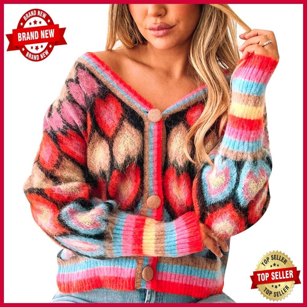 Cropped V-Neck Cardigan with Heart Print, Open Front, Button Detail